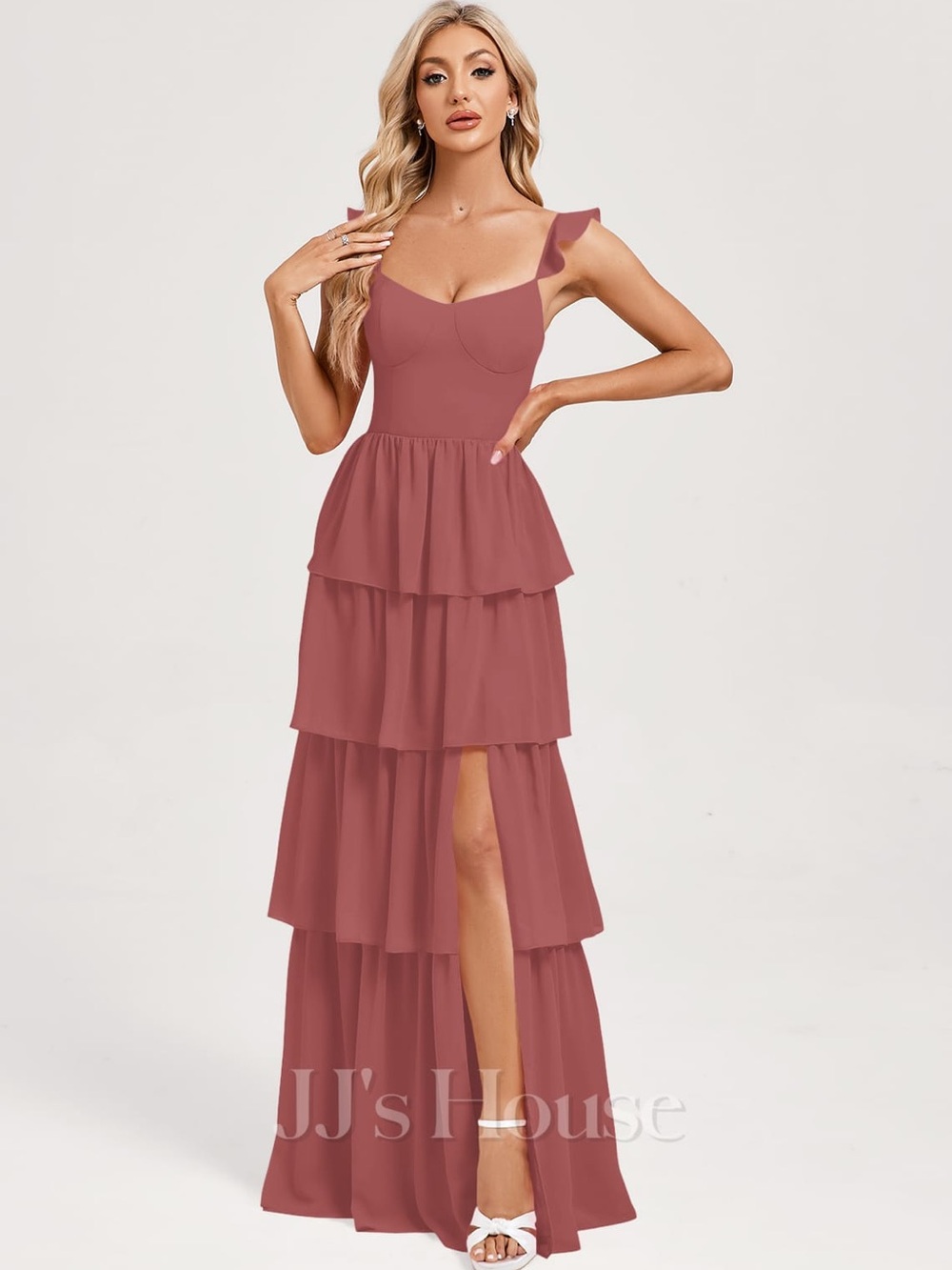 Tiered Ruffle Maxi Dress in burgundy